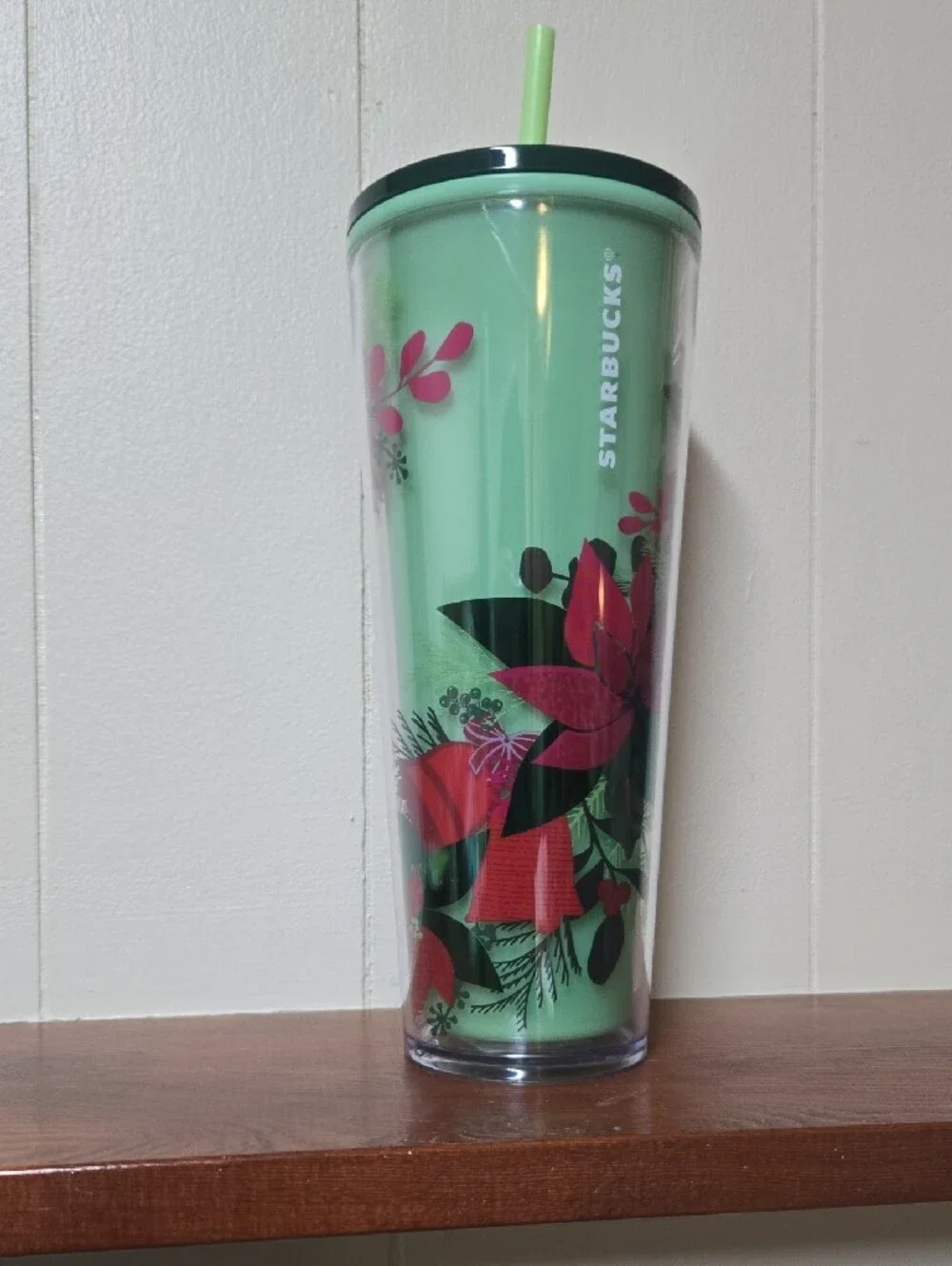 Starbucks Mint Green Tumbler with Pink Floral Design and Dark Green Lid
